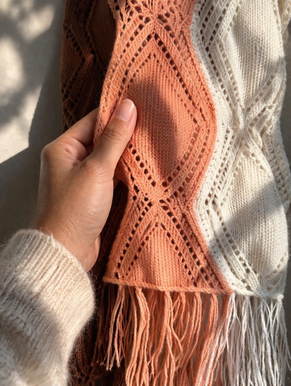 ⭐️HOST PICK⭐️ Hand-Knit!! Chevron Fringe Throw Blanket - Rust & Cream, 36" X 60" - Picture 2 of 4